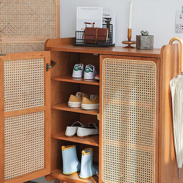 31.5" Farmhouse Walnut Rattan Shoe Cabinet 2-Door 4-Shelf Shoe Organizer